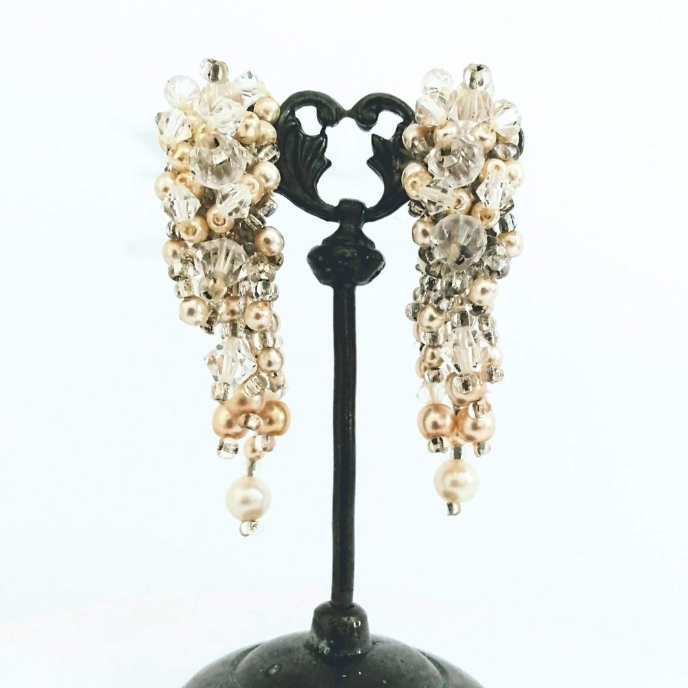 Pearl WATERFALL Earrings High quality Glass Pearls Crystal Handmade Clip On